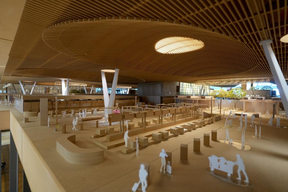 A scale model depicts the new mass timber roof at the Portland International Airport.